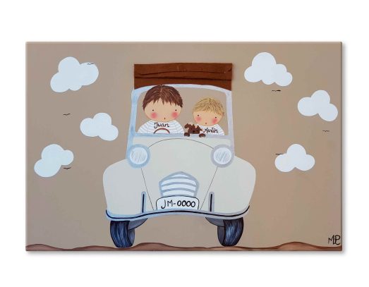 Cuadro pintado a mano: Amigos de viaje, hermanos en coche