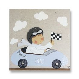 Cuadro Infantil con Nombre Niño Piloto en coche de carreras azul