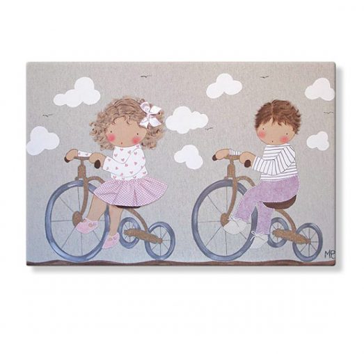 cuadro infantil hermanos bicicleta personalizados con nombre artesanales lienzos decoracion regalos bebes niños niñas blaucasa hermanos bicicleta