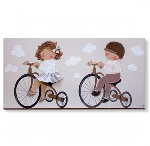 cuadro infantil hermanos bicicleta riginales con nombre en Bicicleta personalizados con nombre artesanales lienzos decoracion regalos bebes niños niñas