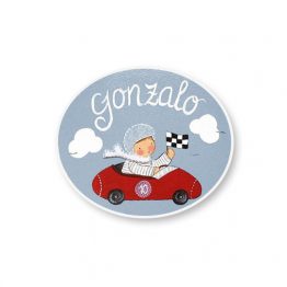 placas para puertas infantiles personalizadas con nombre bebe decorativa artesanal nina nino regalos originales coche de carreras piloto