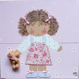 Cuadro infantil niña pelo rizado osito rosa bebe dibujo con nombre personalizado decoracion