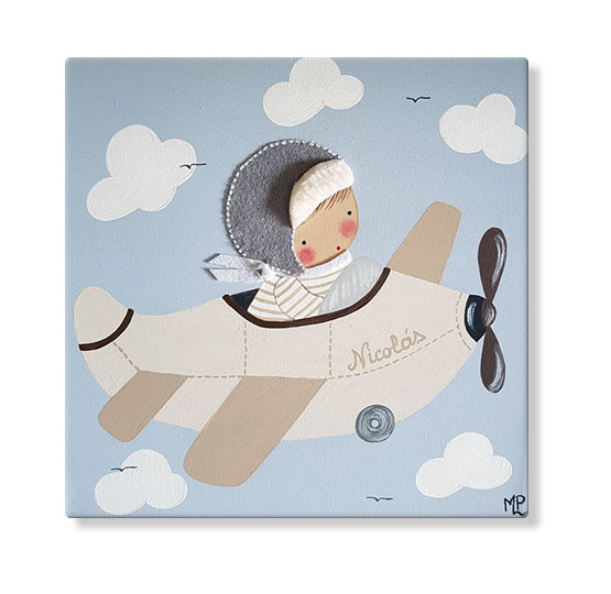 cuadros infantiles personalizados con nombre artesanales lienzos decoracion regalos bebes niños niñas blaucasa avion