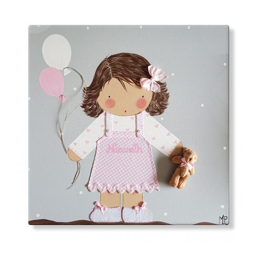 Cuadro infantil personalizado con nombre: Ilustración de una niña rodeada de globos artesanales, perfecto para decorar